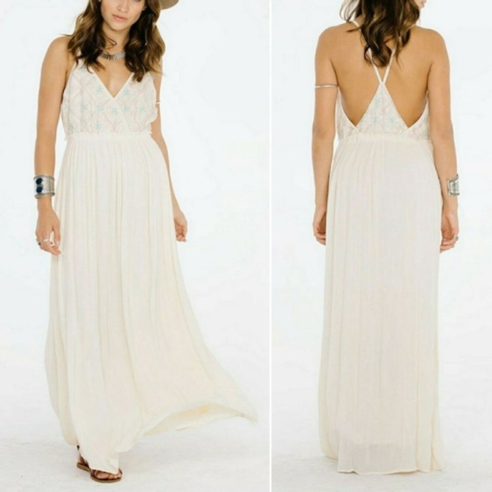 NWT Raga Rosanna Maxi Dress Embroidered Cream Empire Waist Sugar Cookie Large